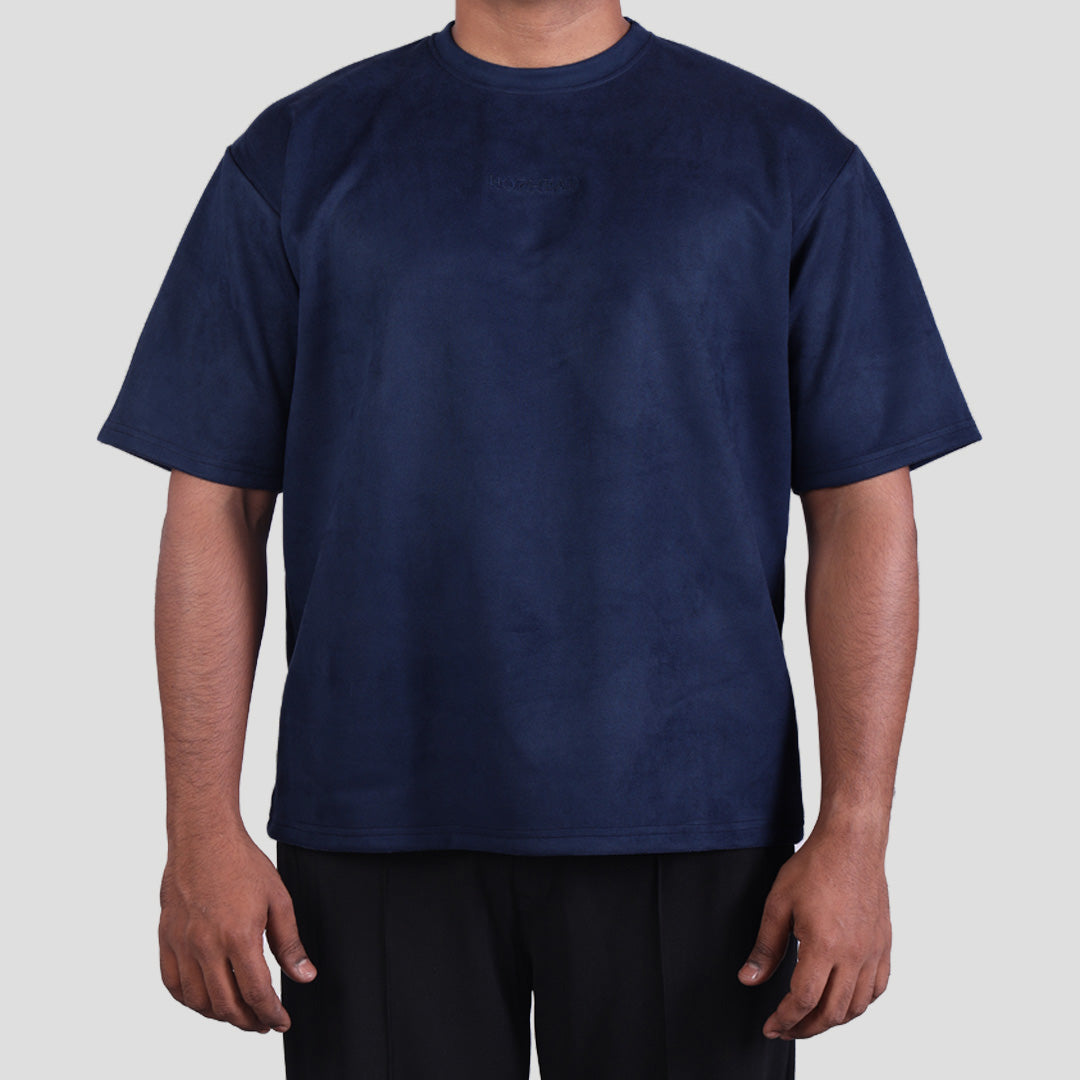 MIDNIGHT BLUE EMBROIDERED SUEDE T-SHIRT