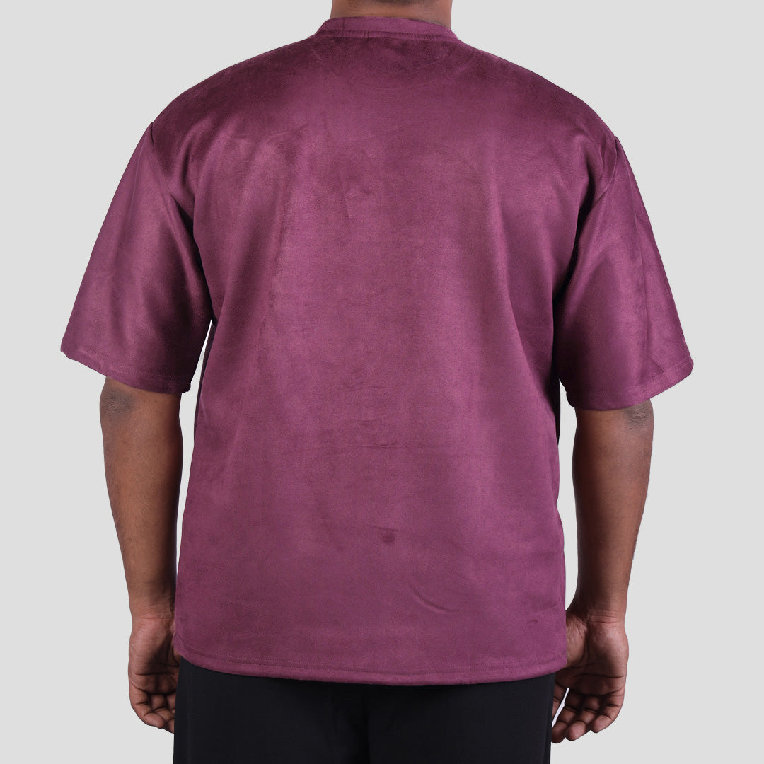 TYRIAN PURPLE EMBROIDERED SUEDE T-SHIRT