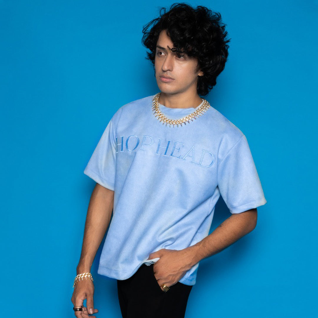 POWDER BLUE EMBROIDERED SUEDE T-SHIRT