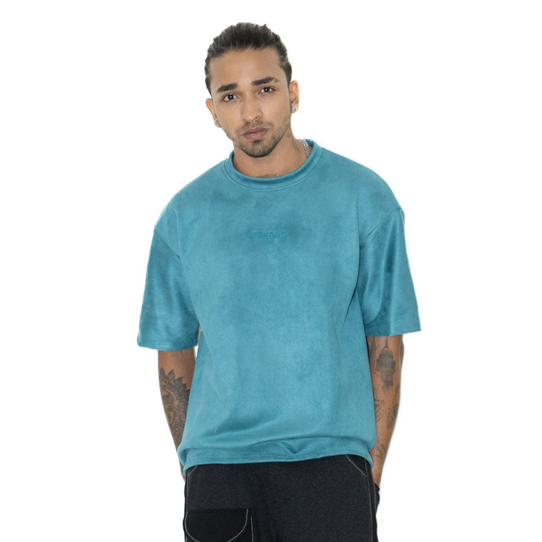 TURQUOISE EMBROIDERED SUEDE T-SHIRT