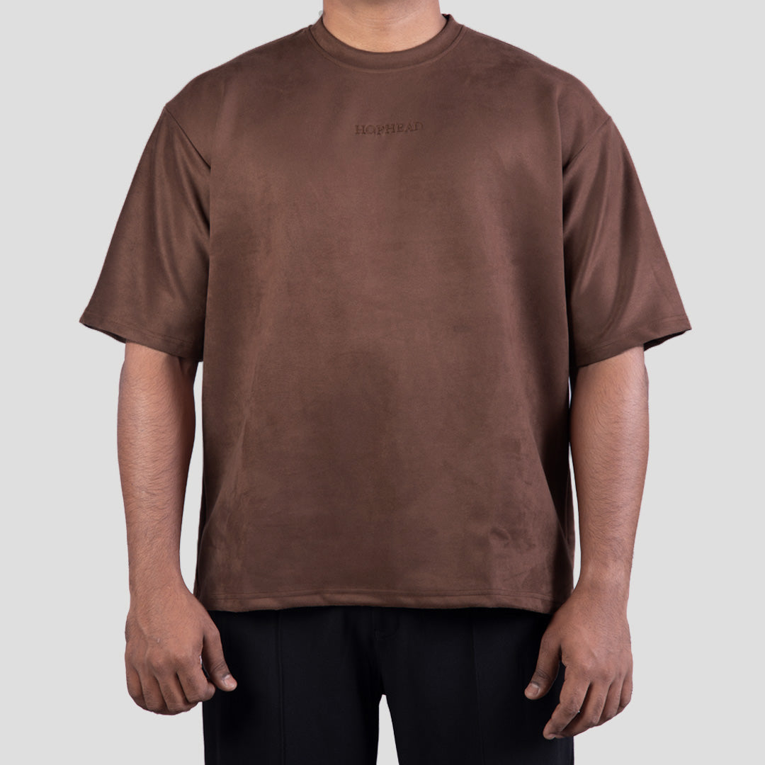 BROWN EMBROIDERED SUEDE T-SHIRT