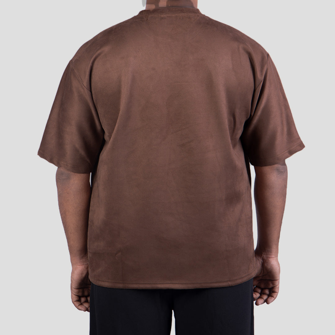 BROWN EMBROIDERED SUEDE T-SHIRT