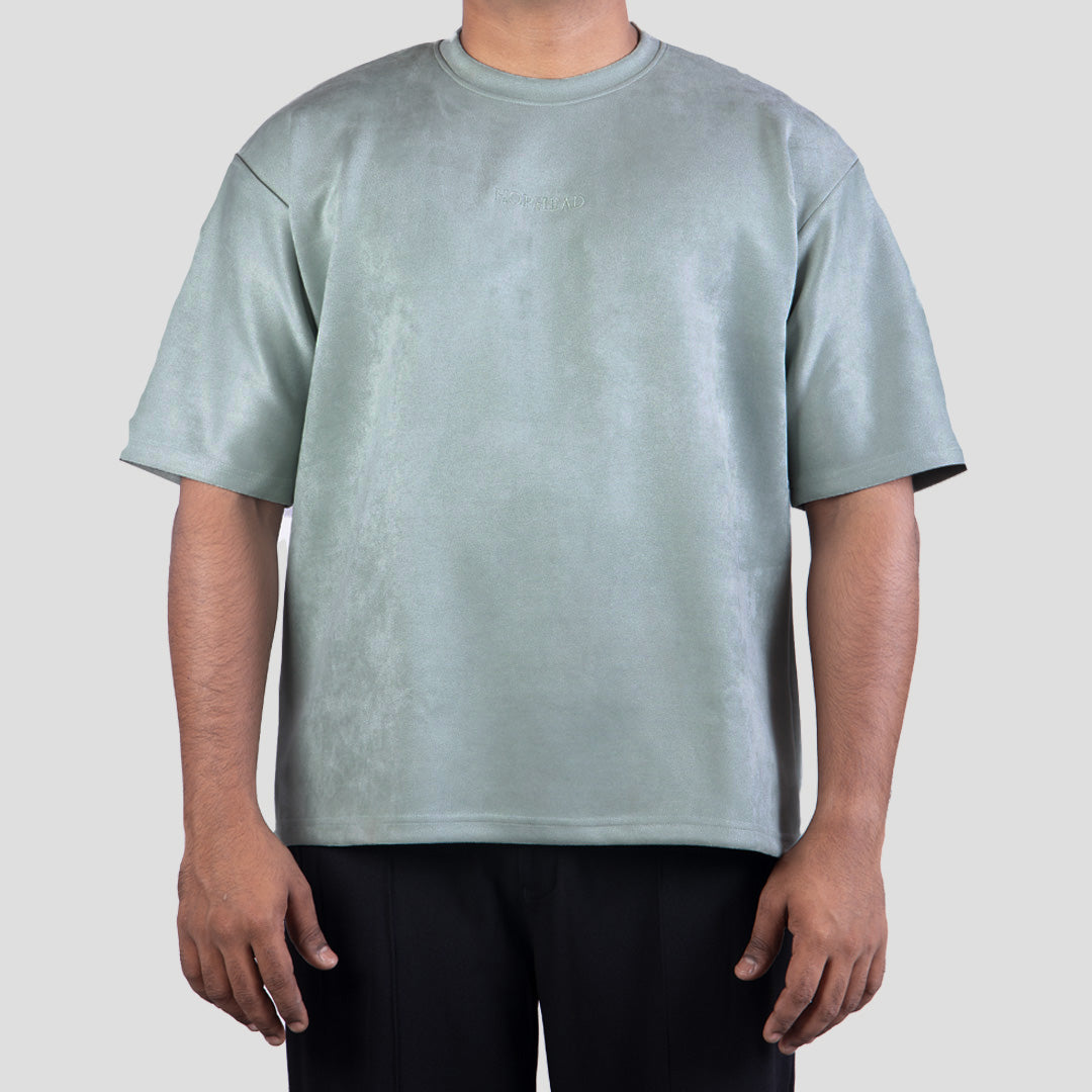PISTACHIO EMBROIDERED SUEDE T-SHIRT