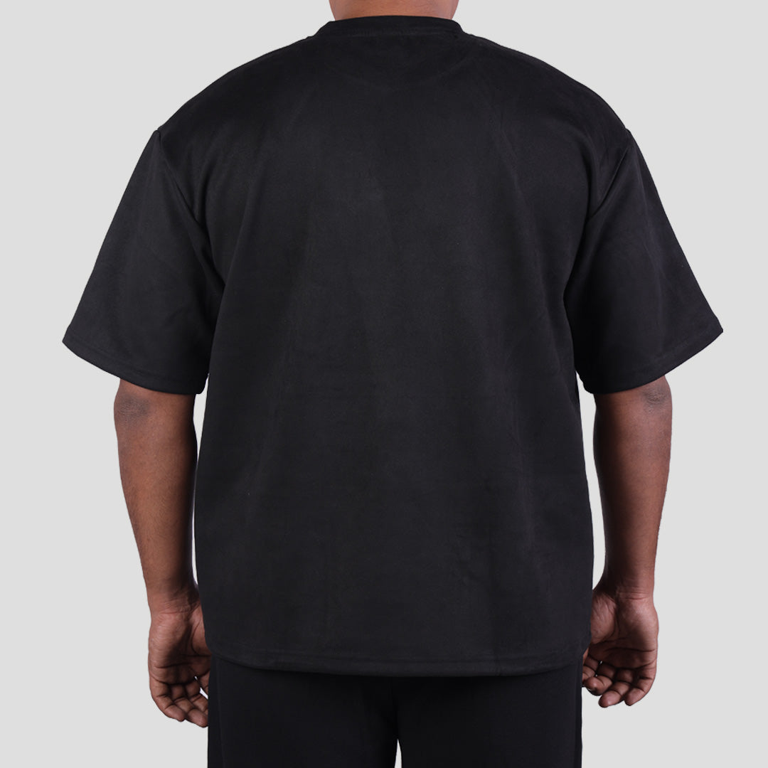 BLACK STITCH-LINE EMBROIDERED SUEDE T-SHIRT