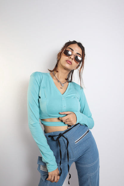 LIGHT BLUE FULL SLEEVE CROP TOP