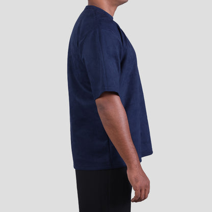 MIDNIGHT BLUE EMBROIDERED SUEDE T-SHIRT