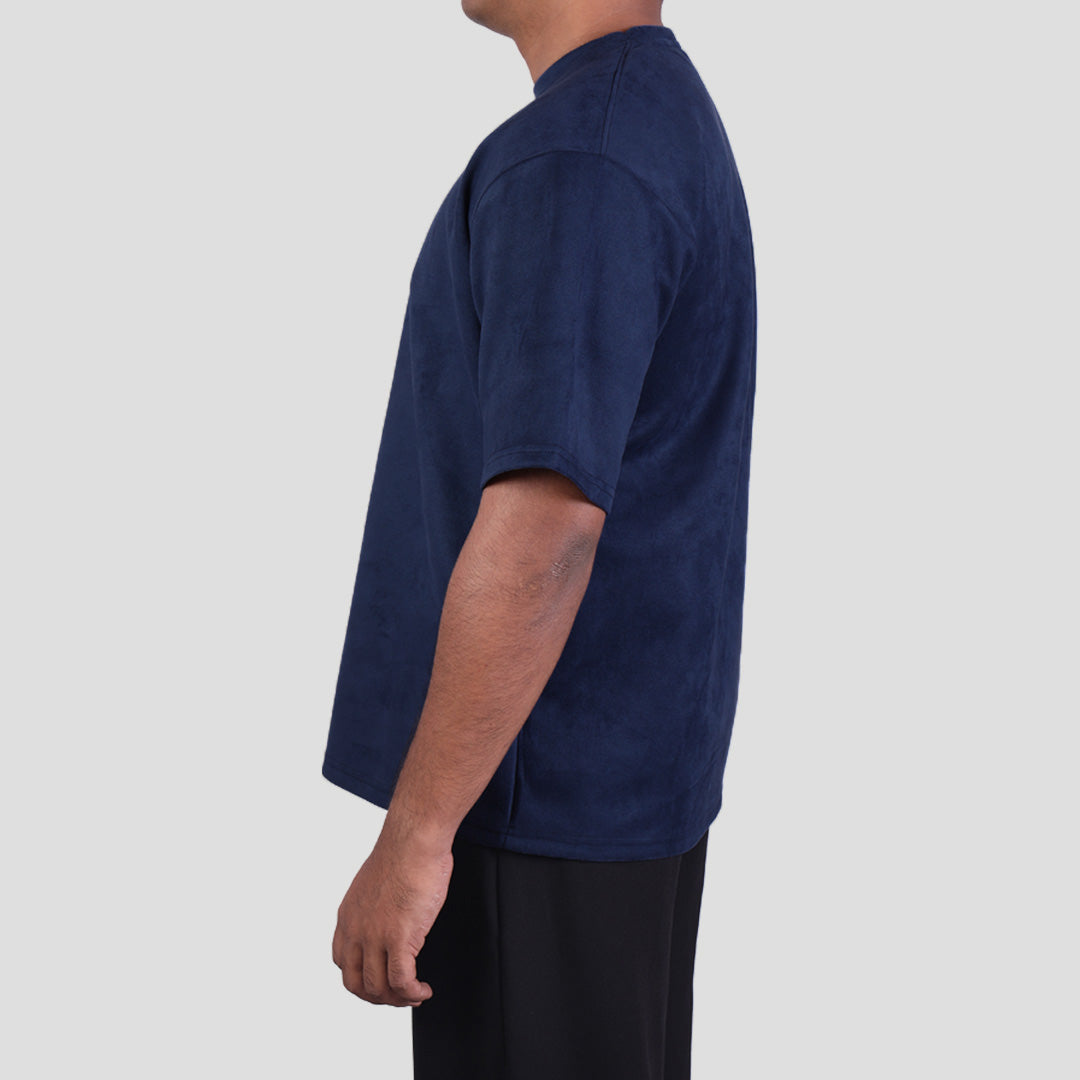 MIDNIGHT BLUE EMBROIDERED SUEDE T-SHIRT