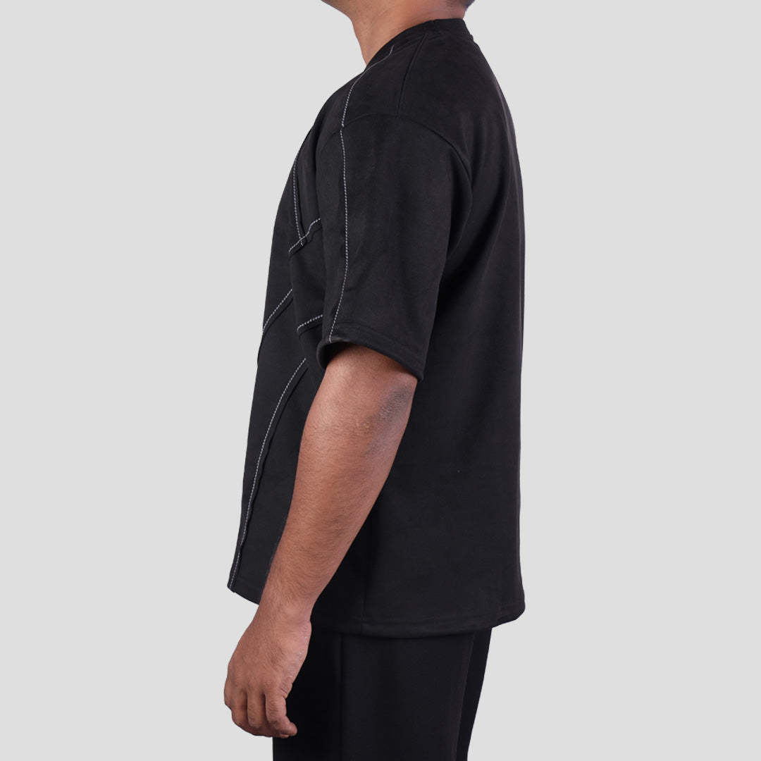 BLACK STITCH-LINE EMBROIDERED SUEDE T-SHIRT