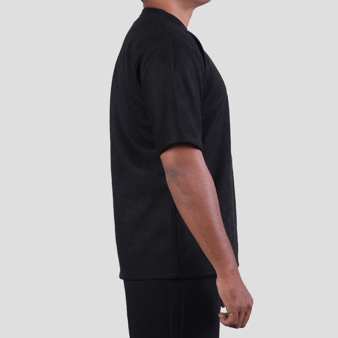 BLACK EMBROIDERED SUEDE  T-SHIRT