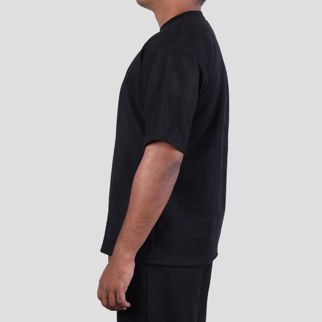 BLACK EMBROIDERED SUEDE  T-SHIRT