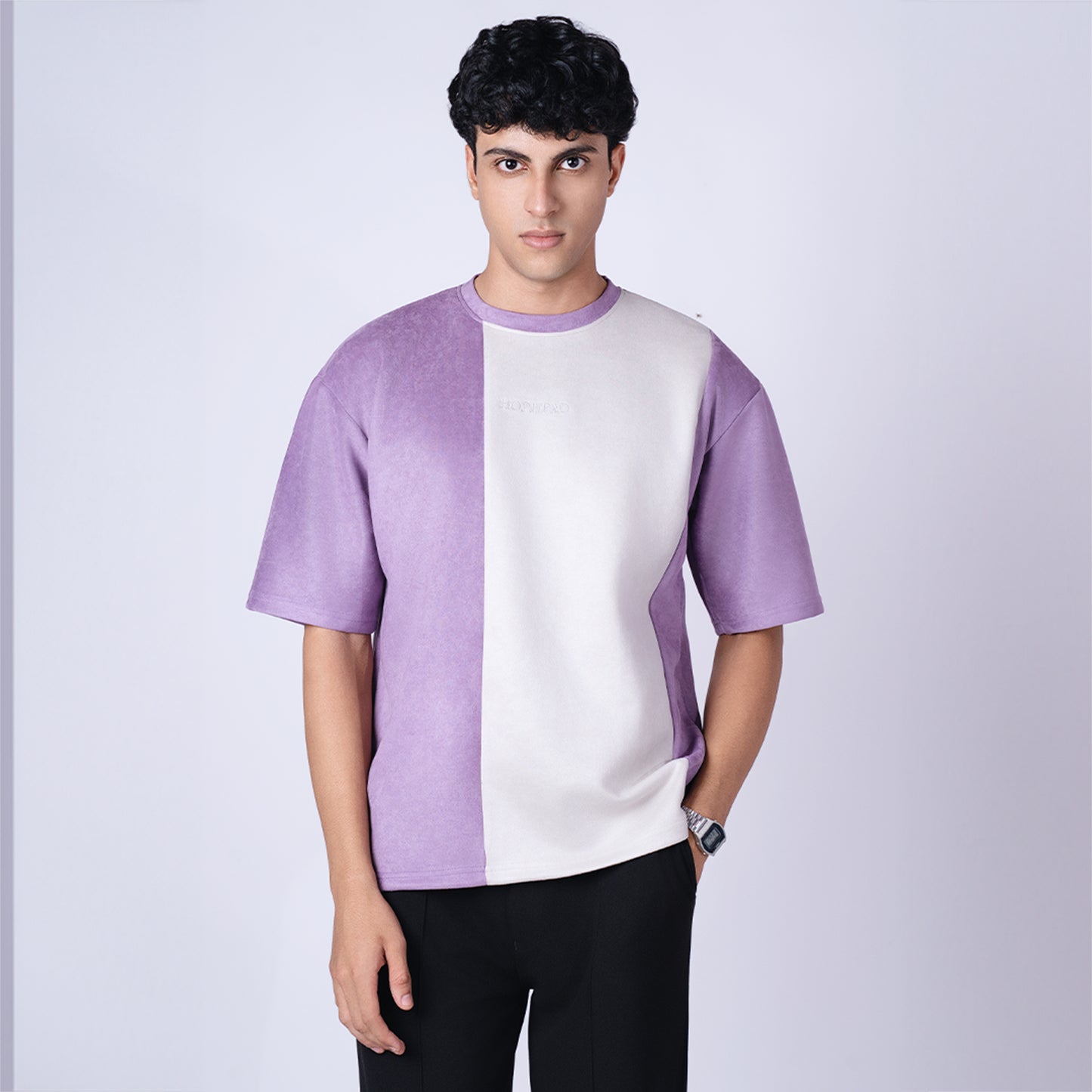 PURPLE AND ASH GREY DUAL TONE SUEDE T-SHIRT