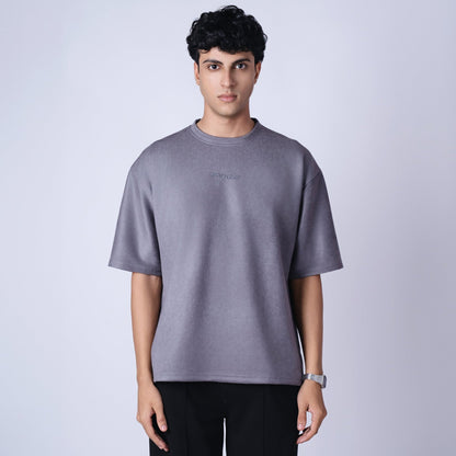 CHARCOAL EMBROIDERED SUEDE T-SHIRT