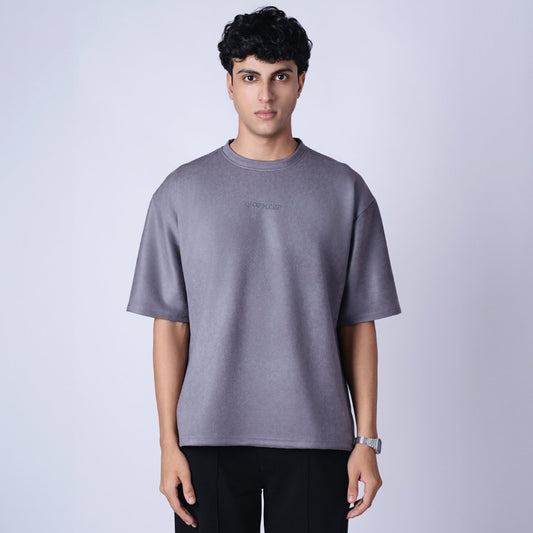 CHARCOAL EMBROIDERED SUEDE T-SHIRT