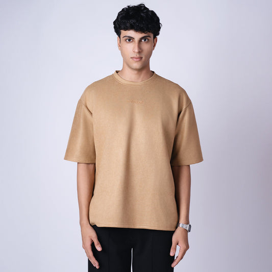 OCHRE SUEDE EMBROIDERED T-SHIRT