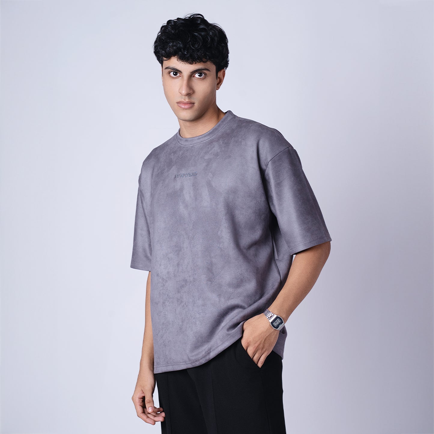 CHARCOAL EMBROIDERED SUEDE T-SHIRT