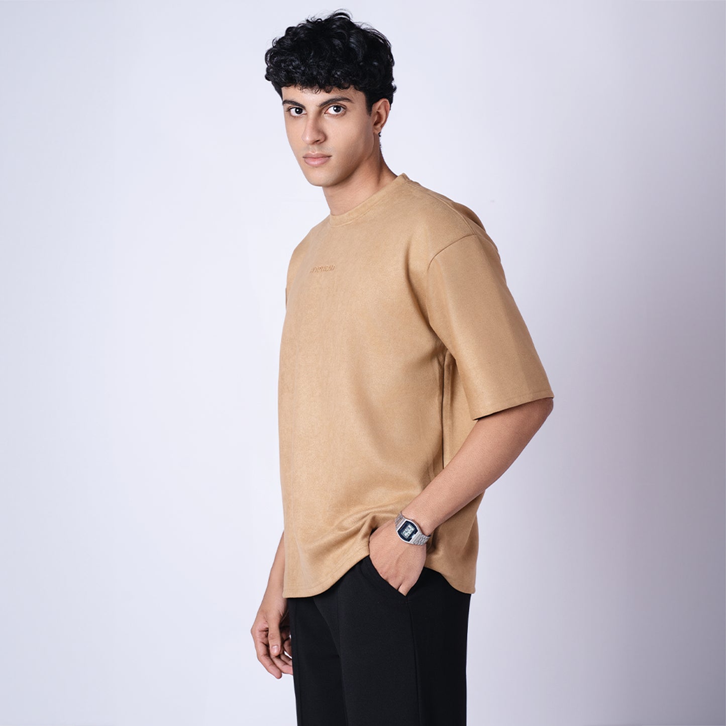 OCHRE SUEDE EMBROIDERED T-SHIRT