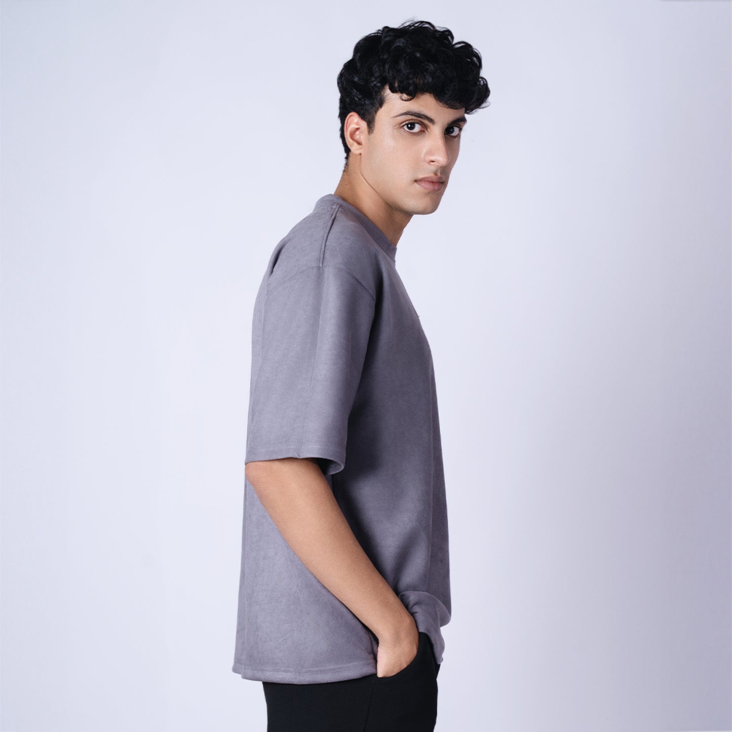 CHARCOAL EMBROIDERED SUEDE T-SHIRT