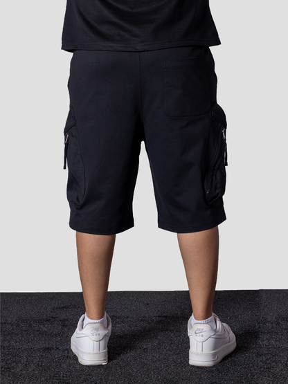 BLACK UTILITY CARGO OVERSIZED SHORTS