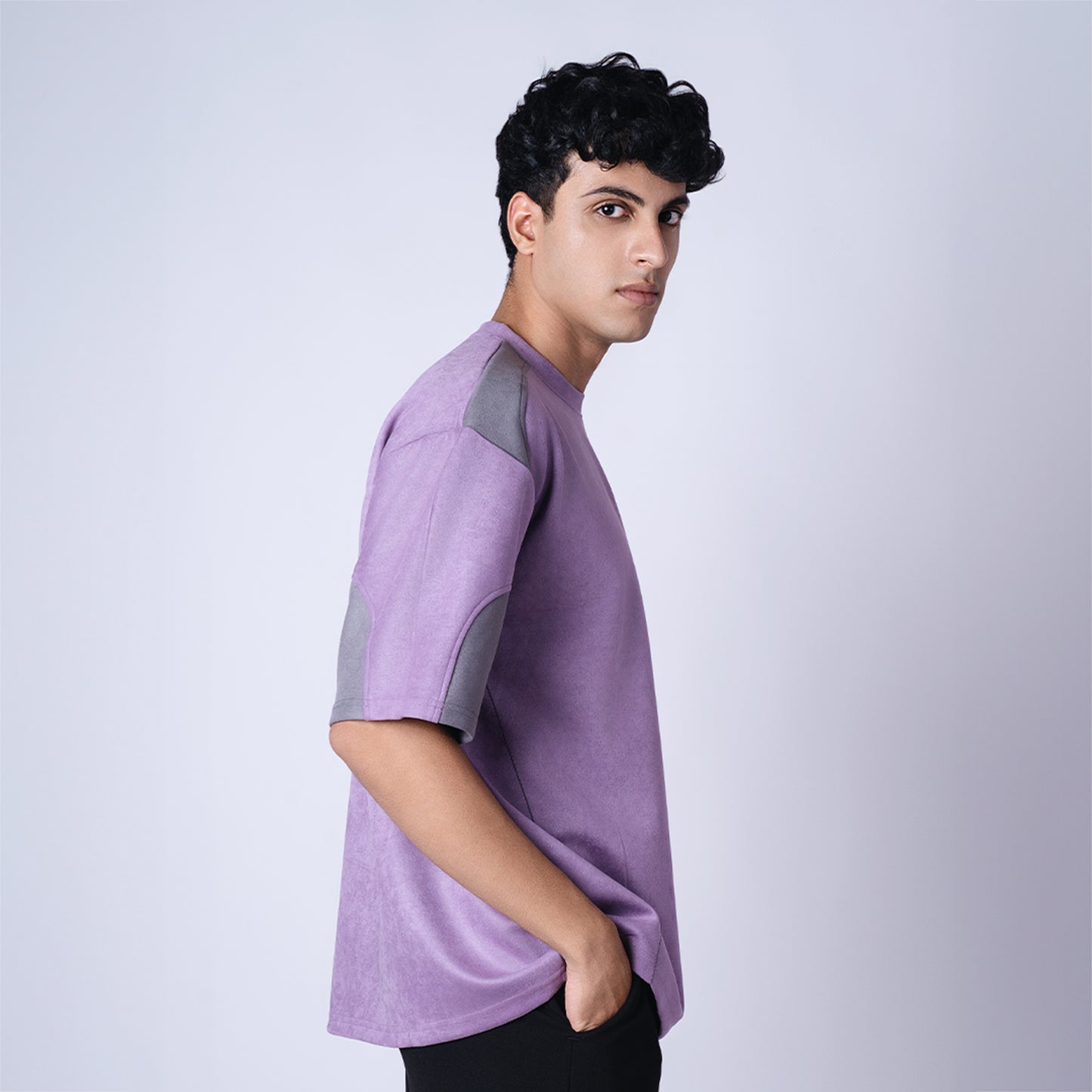 PURPLE AND CHARCOAL DUAL TONE SUEDE T-SHIRT