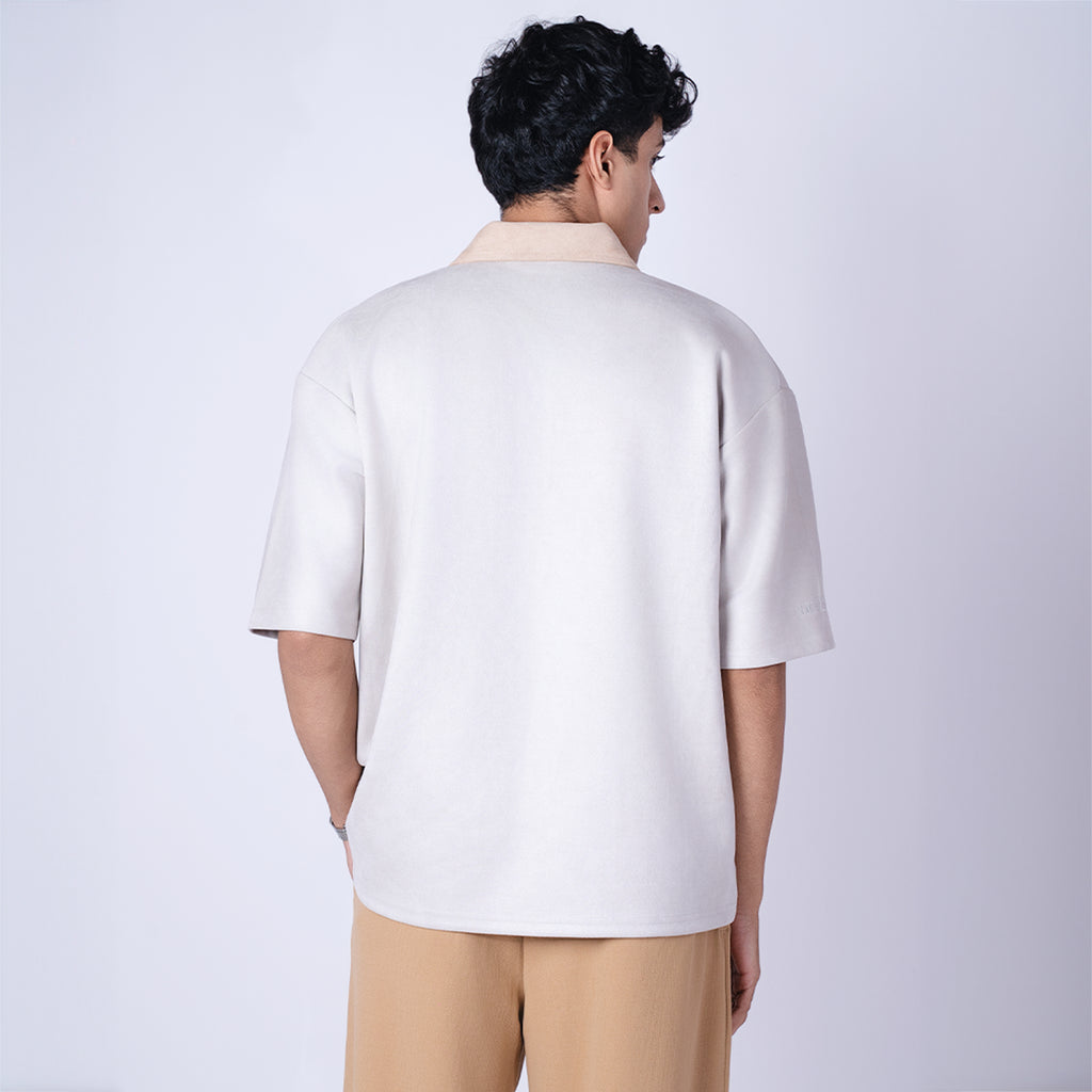 ASH GREY STRIPED SUEDE POLO