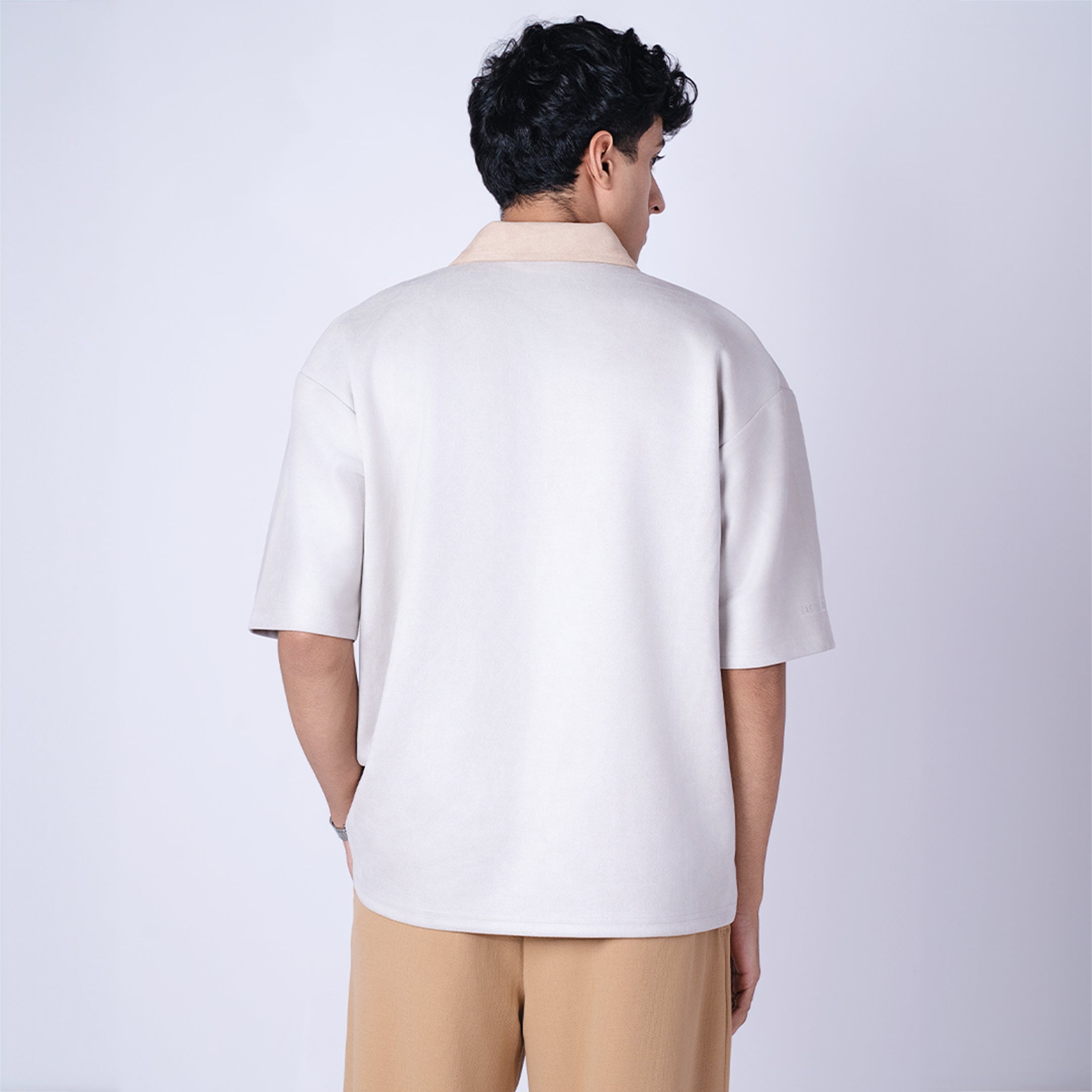 ASH GREY STRIPED SUEDE POLO