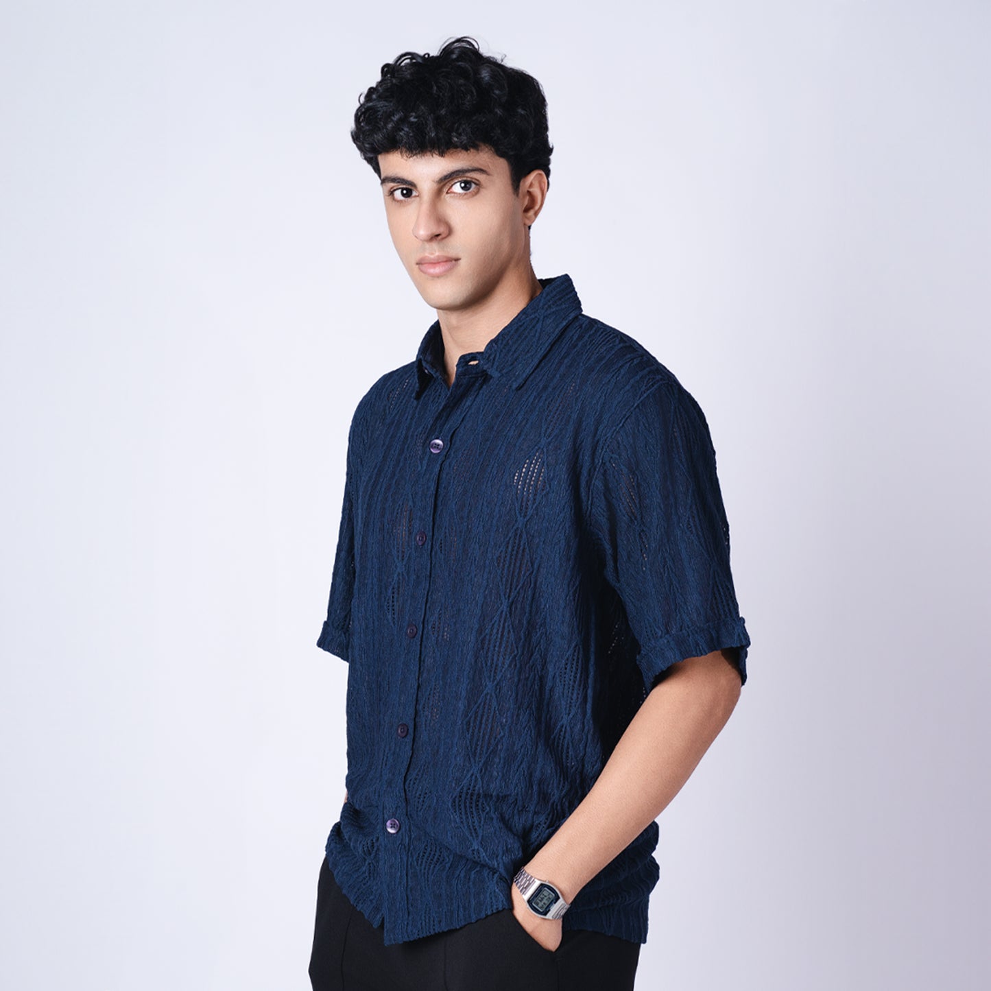 NAVY BLUE RESORT MESH SHIRT