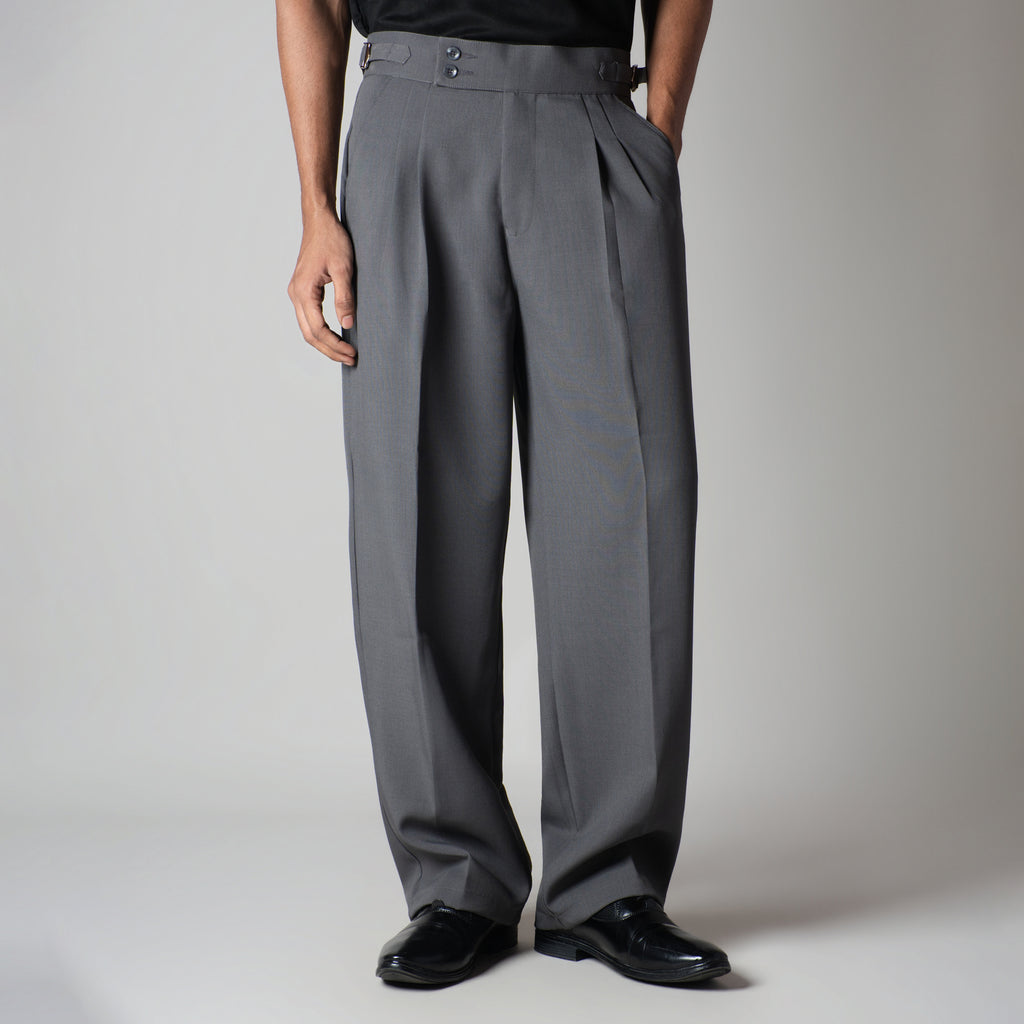CHARCOAL DOUBLE PLEAT STRAIGHT FIT TROUSER