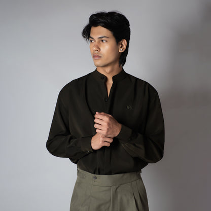 EARTHY OLIVE CHINESE COLLAR SHIRT
