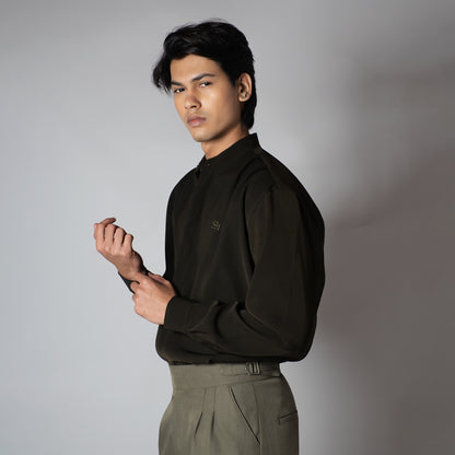 EARTHY OLIVE CHINESE COLLAR SHIRT