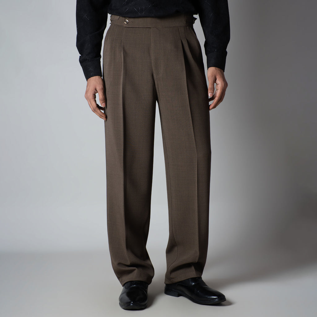 BROWN DOUBLE PLEAT STRAIGHT FIT TROUSER