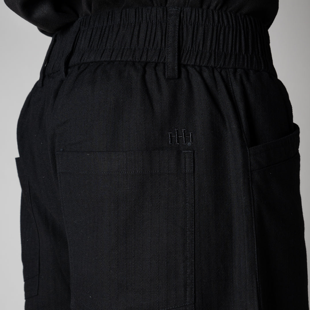 BLACK TEXTURED LINEN TRAVEL PANTS