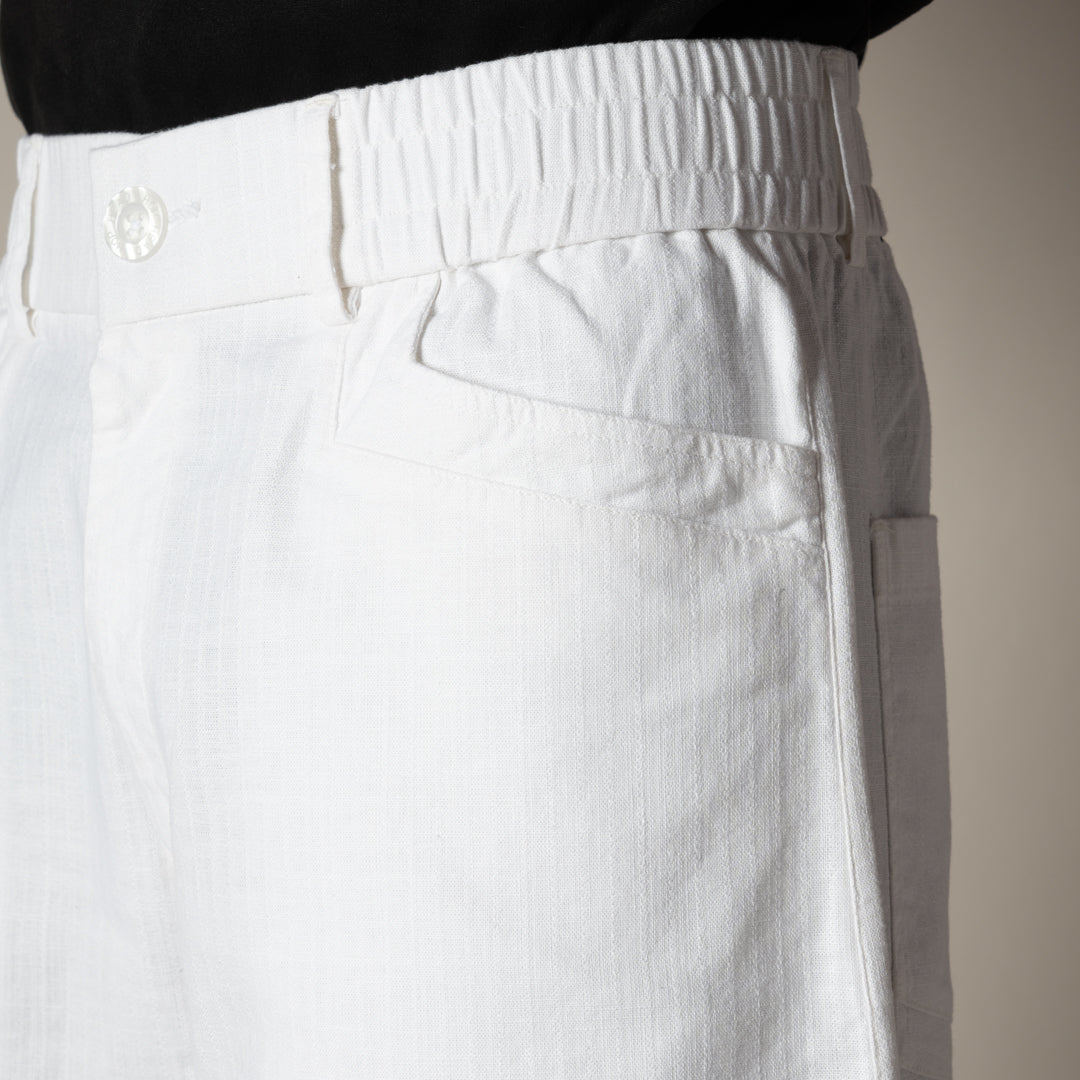 WHITE TEXTURED LINEN TRAVEL PANTS