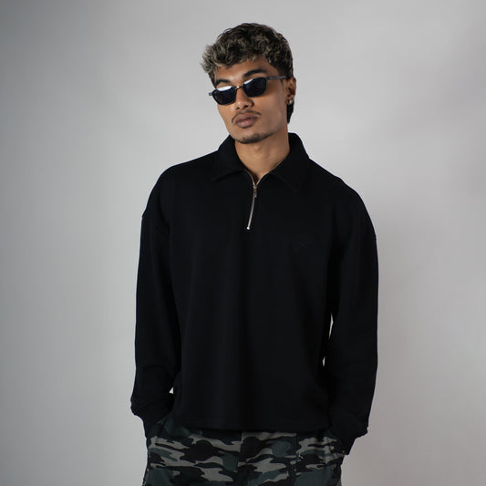 BLACK HALF-ZIPUP PULLOVER POLO