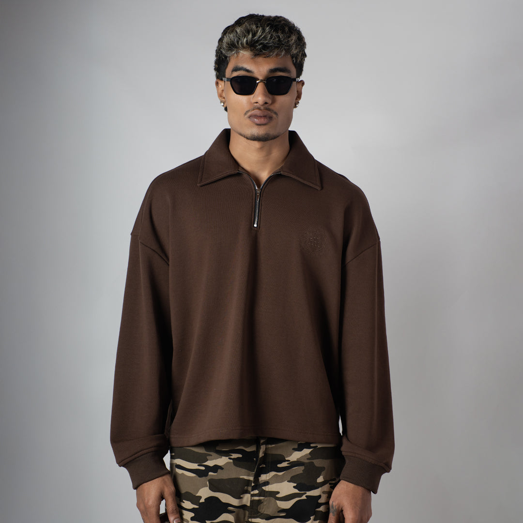 BROWN HALF-ZIPUP PULLOVER POLO
