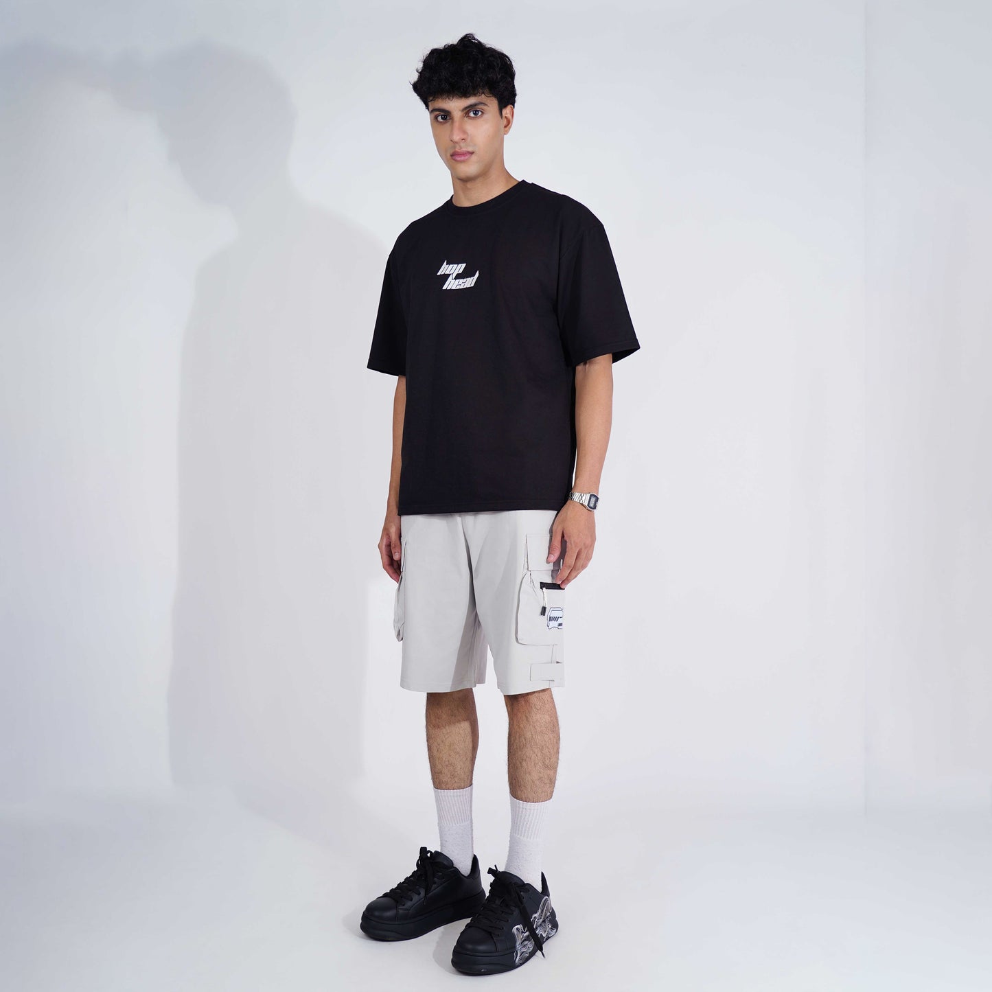 LIGHT GREY MILITARY CARGO OVERSIZED SHORTS