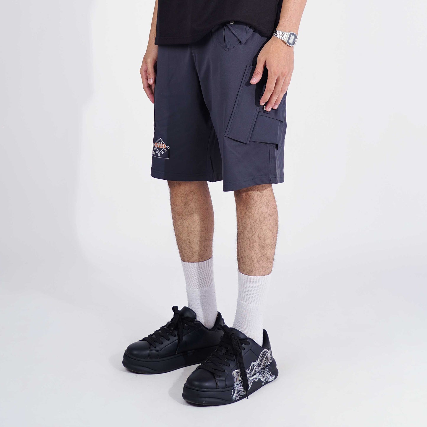 CHARCOAL MULTI POCKET OVERSIZED SHORTS