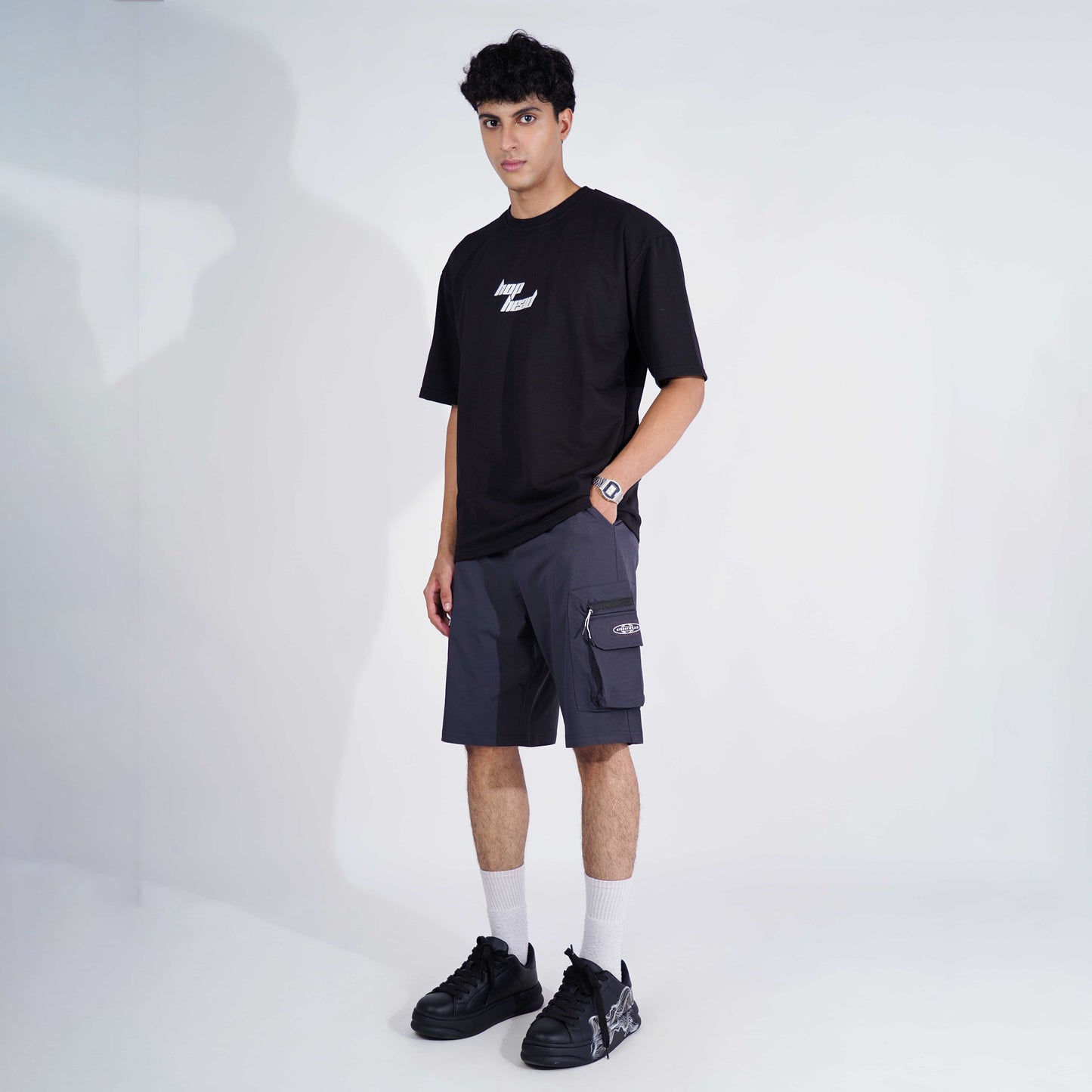 CHARCOAL POCKET ON POCKET OVERSIZED SHORTS