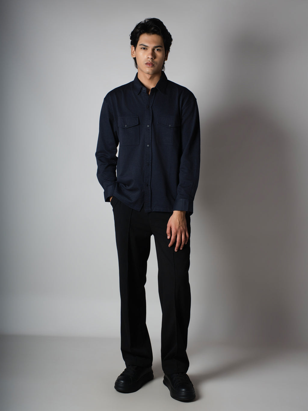 Navy Waffle Double Pocket Shirt