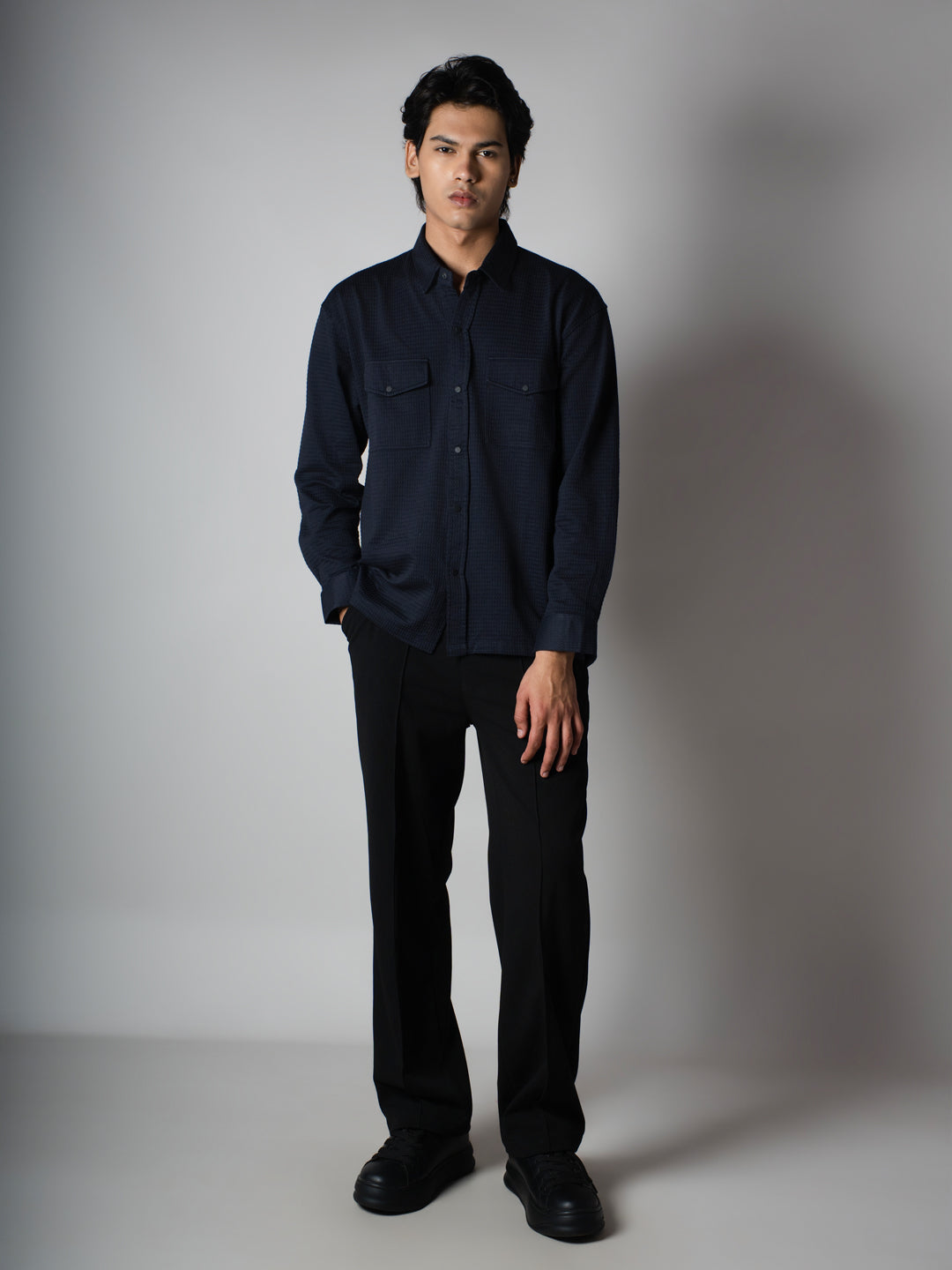 Navy Waffle Double Pocket Shirt