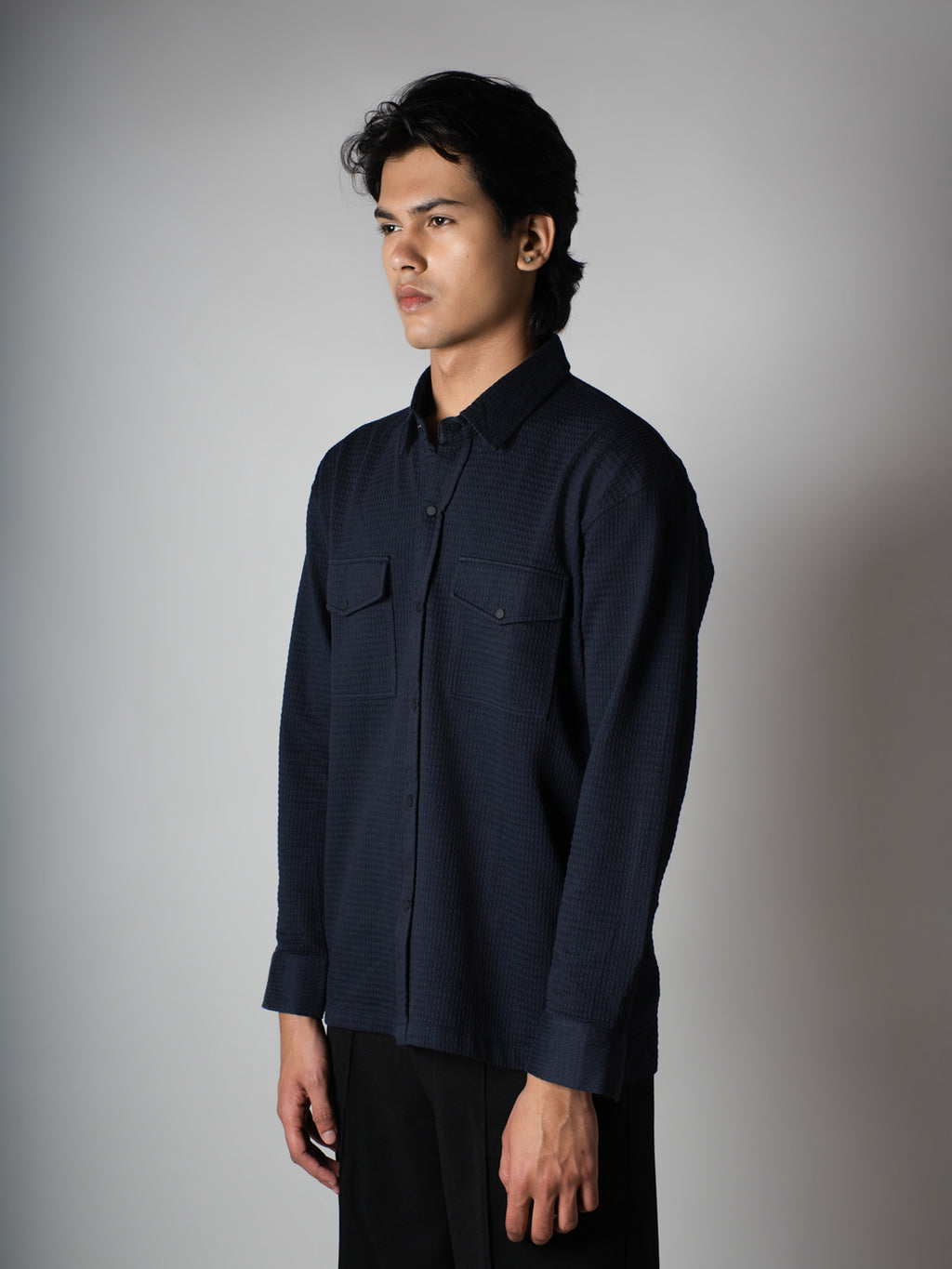Navy Waffle Double Pocket Shirt