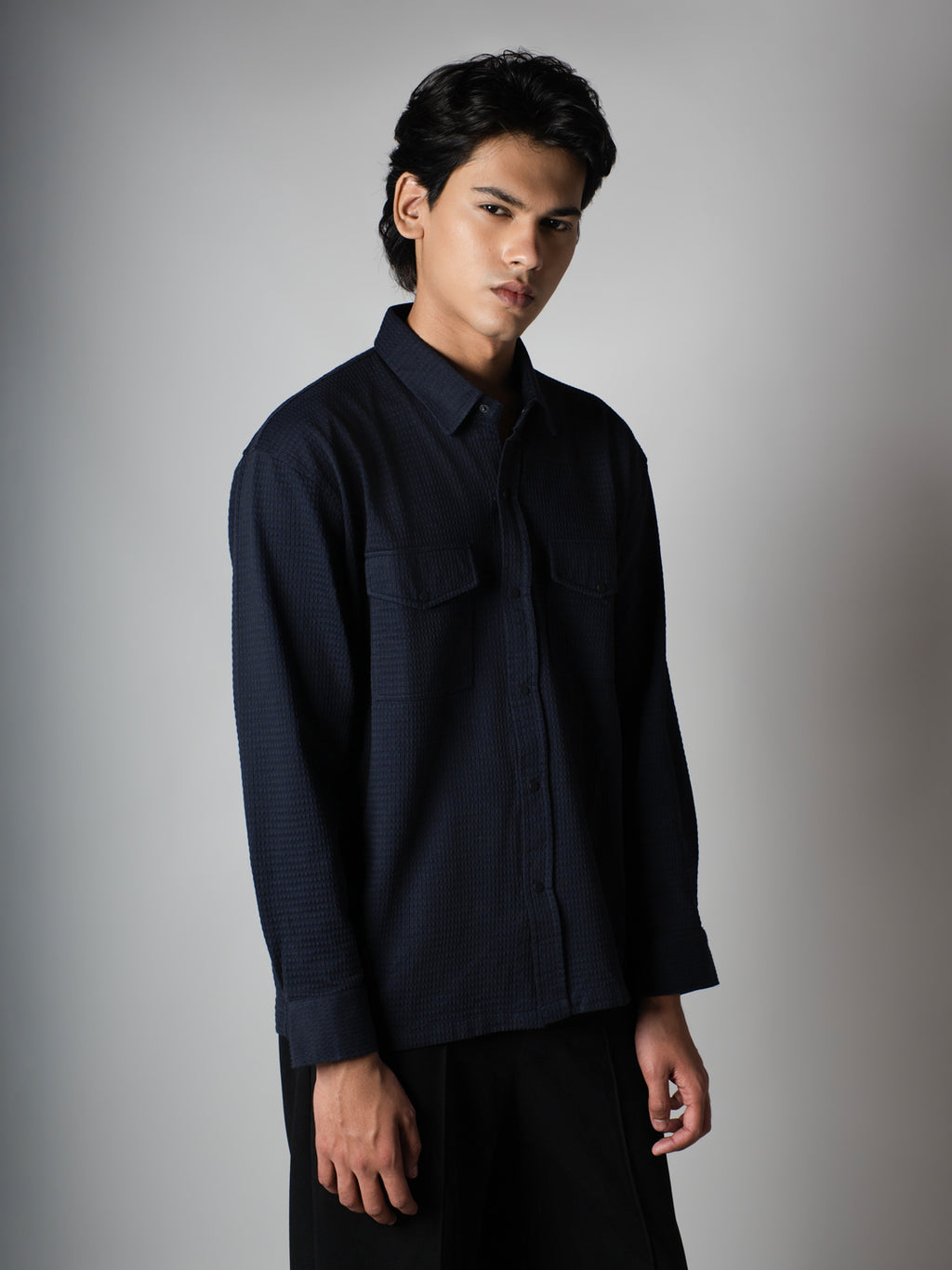 Navy Waffle Double Pocket Shirt