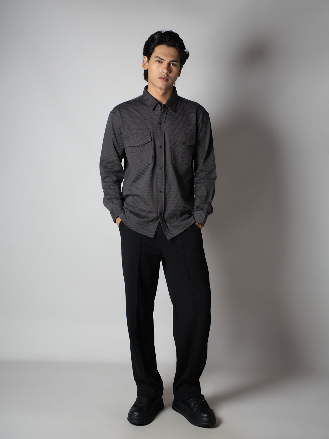 MEN'S GREY WAFFLE LONG SLEEVE BUTTON-DOWN SHIRT