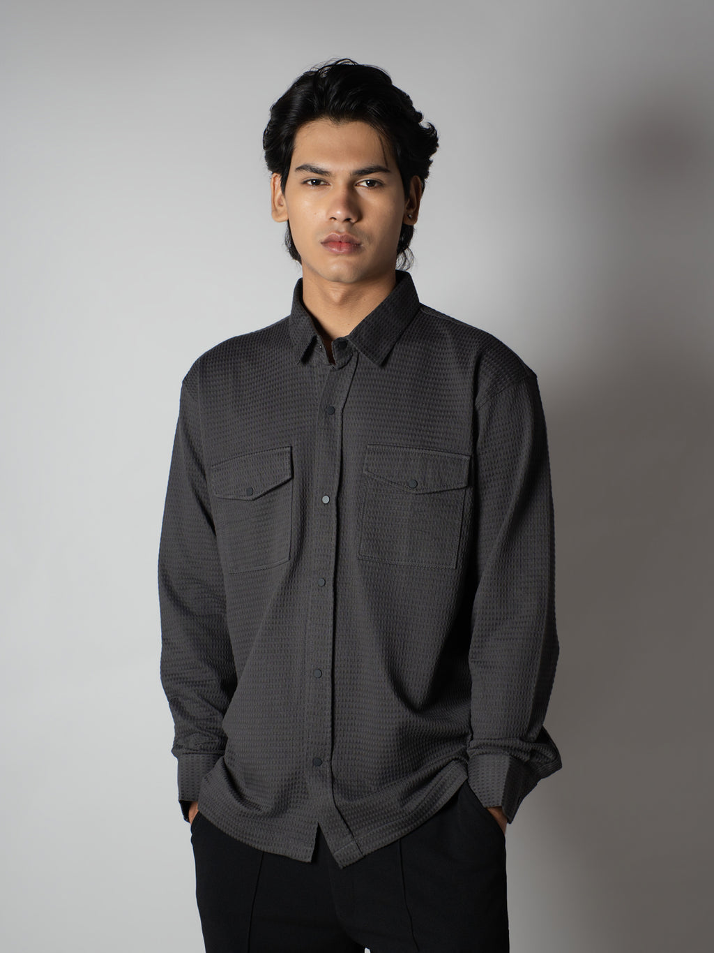 MEN'S GREY WAFFLE LONG SLEEVE BUTTON-DOWN SHIRT