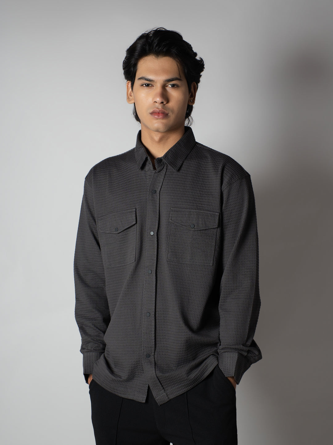 MEN'S GREY WAFFLE LONG SLEEVE BUTTON-DOWN SHIRT