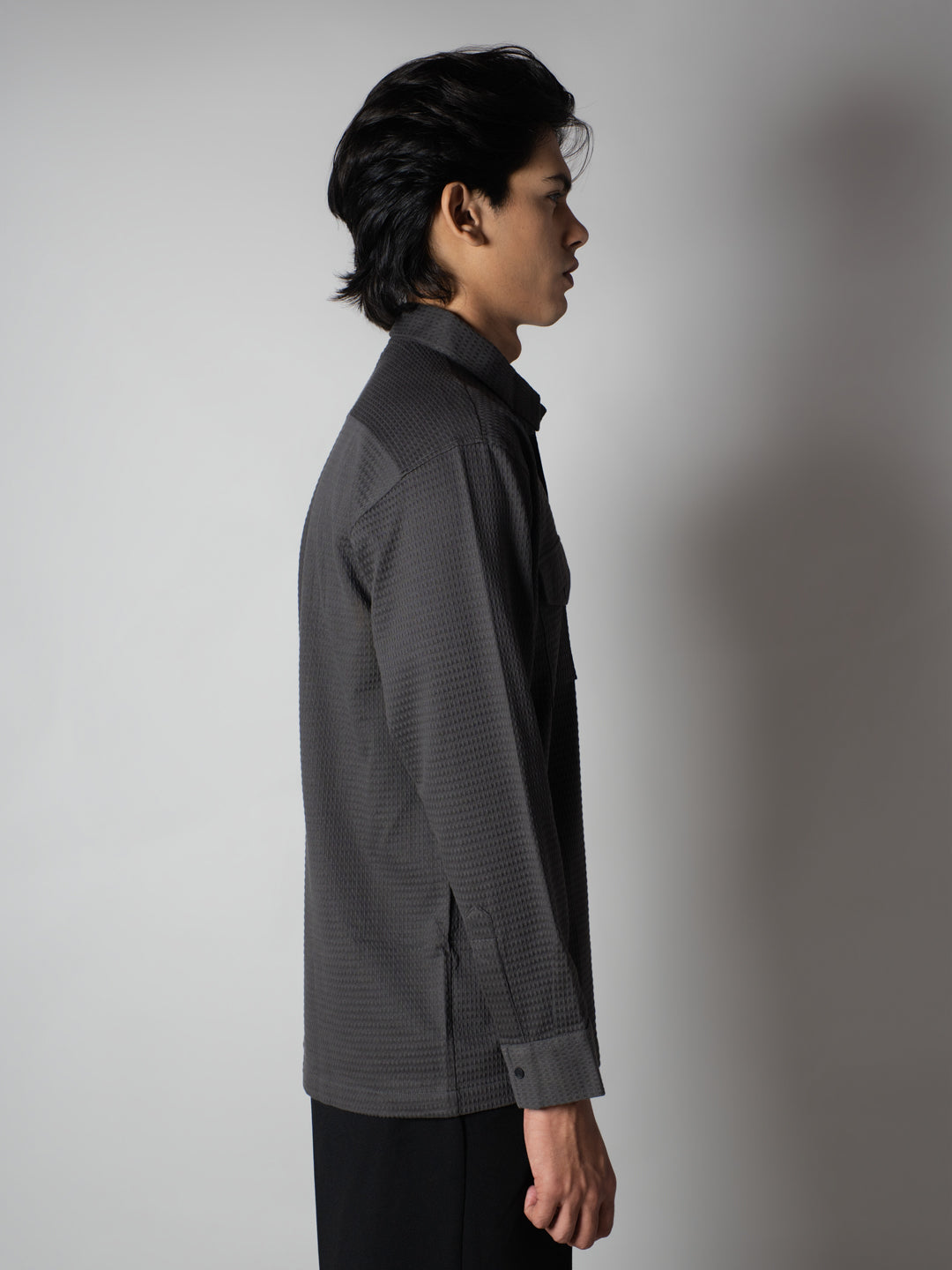 MEN'S GREY WAFFLE LONG SLEEVE BUTTON-DOWN SHIRT