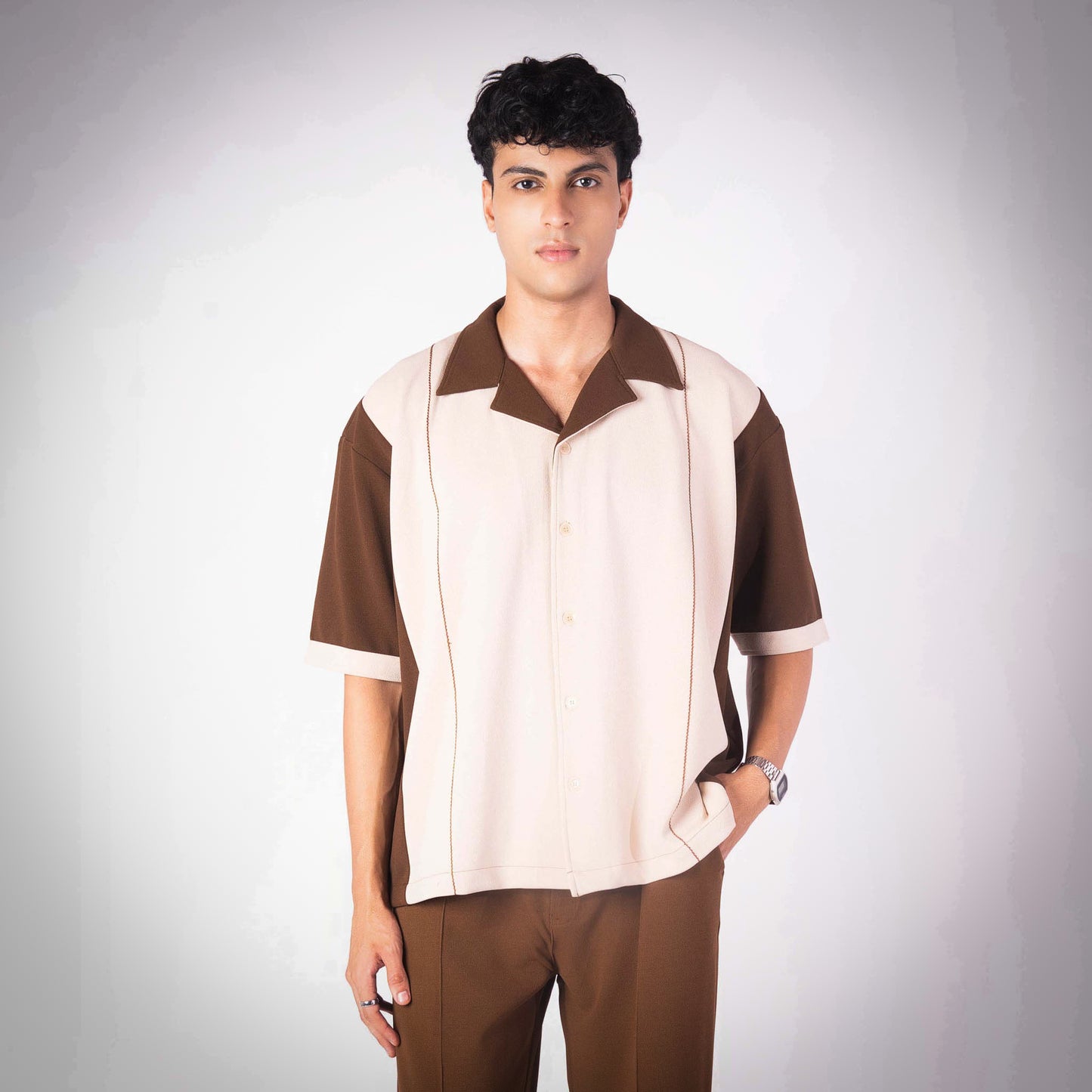 IVORY AND BROWN CUBAN SHIRT