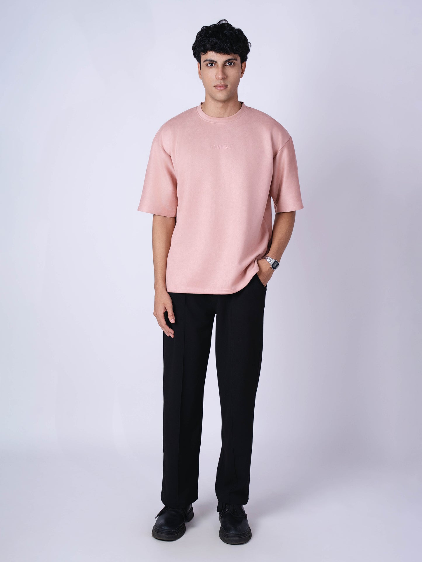CORAL PINK EMBROIDERED SUEDE T-SHIRT