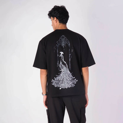 LEUCISTIC PEACOCK OVERSIZED GRAPHIC T-SHIRT