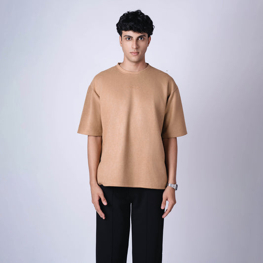 OCHRE SUEDE EMBROIDERED T-SHIRT