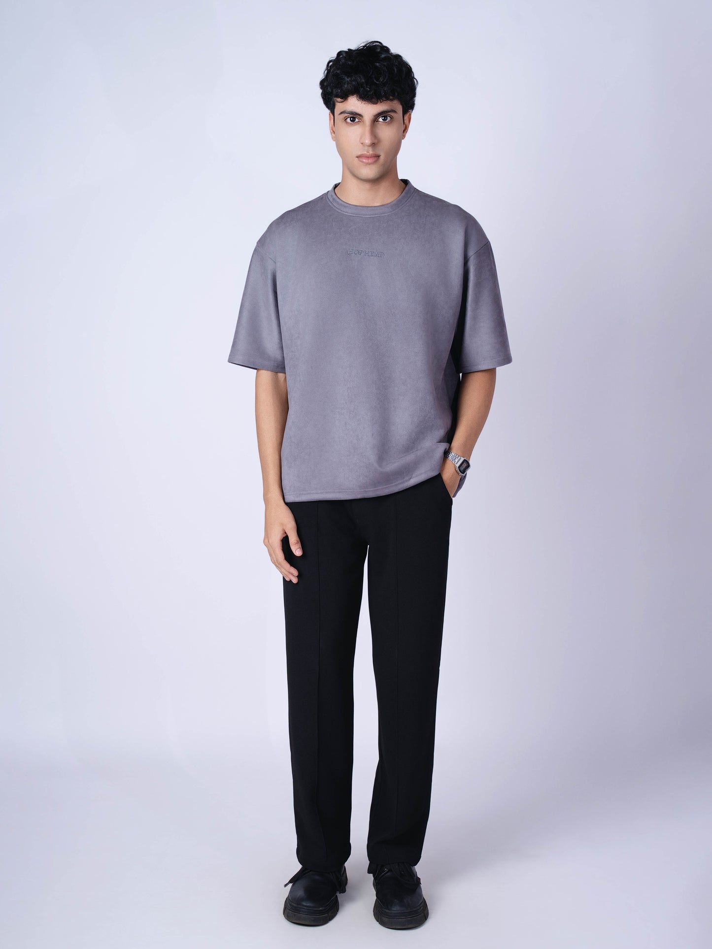 CHARCOAL EMBROIDERED SUEDE T-SHIRT